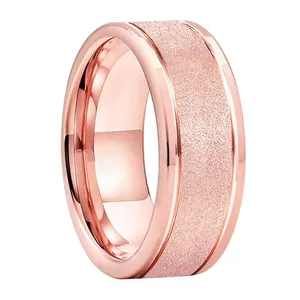 Men's tungsten steel ring in rose gold with polished edges and matte center finish