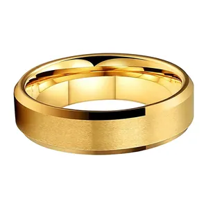 Brushed gold tungsten carbide ring with polished beveled edges and inner surface