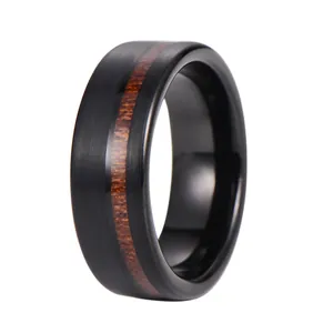 Men Tungsten Steel Ring Black Matte Brushed Finish Rosewood Wood Inlay Polished Inner Band Wide Comfort Fit Jewelry Gift