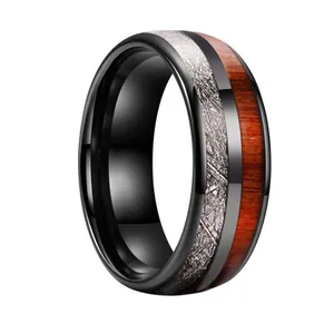 Black tungsten ring for men featuring wood inlay and silver meteorite textured band