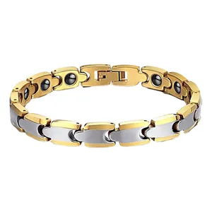 Close-up of two-tone magnetic therapy bracelet with gold and silver links and black stones