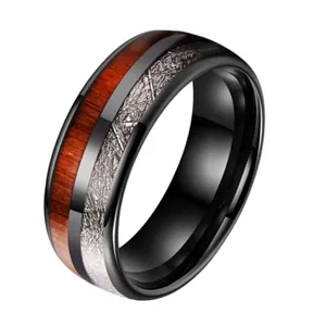 Men's black tungsten ring with wood inlay and imitation meteorite texture, matte finish