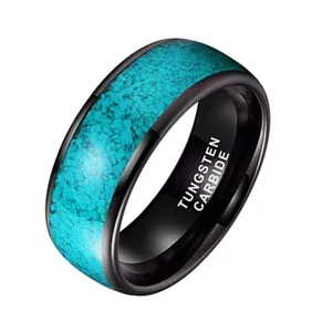Anello in tungsteno nero lucido da uomo con intarsio in pietra di turchese frantumata