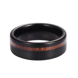 8mm black brushed tungsten ring with brown wood inlay and polished edges for men