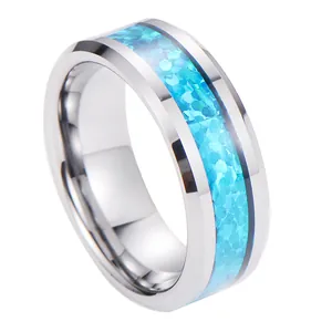 Tungsten Steel Ring For Men Silver Inlaid With Blue Crushed Opal Polished Comfort Fit Simple Fashion Band Jewelry Gift