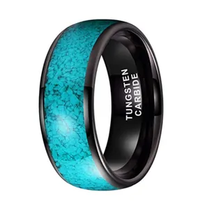 Anello in carburo di tungsteno nero lucido con intarsio in pietra turchese da uomo
