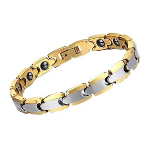Men's magnetic therapy bracelet in gold and silver stainless steel industrial style