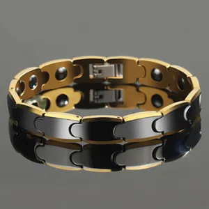 Men's magnetic tungsten steel bracelet with black gold chain links and mirror reflection