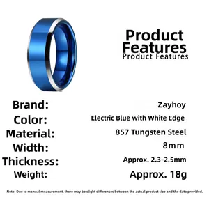 Specificaties van de 8mm wolfraam ring met blauw oppervlak en zilveren randen