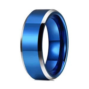 Anillo de Acero de Tungsteno 857 de Moda para Hombre Mujer Banda Azul Eléctrico Con Borde Biselado Plata Pulida