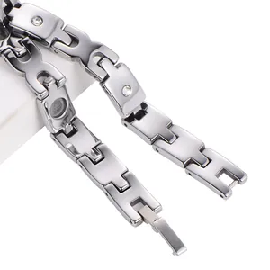 Polished tungsten steel bracelet with geometric links and zircon accents for men and women