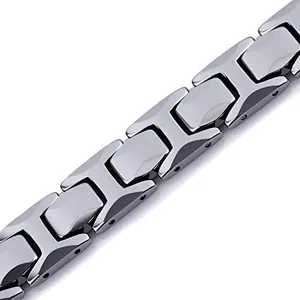 Polished H-link tungsten steel bracelet for men with silver and dark grey two-tone design