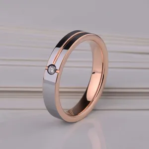 Elegant rose gold and silver tungsten steel ring with a single diamond inlay for couples