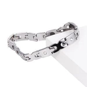 Minimalist tungsten steel link bracelet with small diamond accents for women