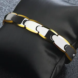 Minimalist tungsten steel link bracelet in gold silver and black with industrial design