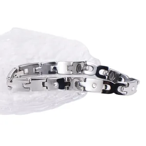 Polished silver tungsten steel bracelet with H-link chain and diamond accents