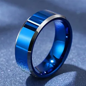 Anillo de acero de tungsteno azul eléctrico pulido para hombre con bordes plateados