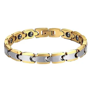 Polished magnetic tungsten steel link bracelet with gold and silver two-tone finish