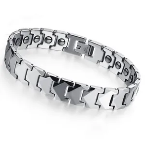 Men's silver tungsten magnetic therapy bracelet with geometric links and sleek finish