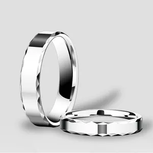 Minimalist tungsten couple rings with geometric diamond cut faceted surface in silver