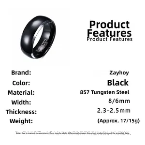 Detailansicht des 8mm schwarzen Wolfram-Rings mit Stärkenangaben und innerer Gravur
