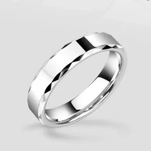 Polished tungsten ring with geometric faceted cut and metallic luster on a gradient background