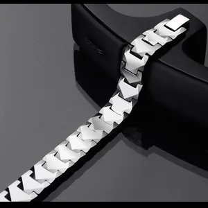 Polished silver tungsten men's bracelet with arrow geometric interlocking links and clasp