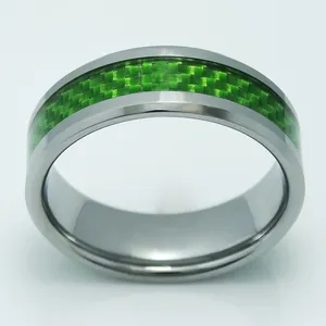 Polished silver tungsten ring featuring a vibrant green carbon fiber inlay for men