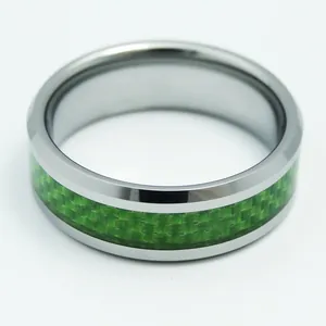 Modern tungsten carbide ring with green carbon fiber inlay and polished beveled edges