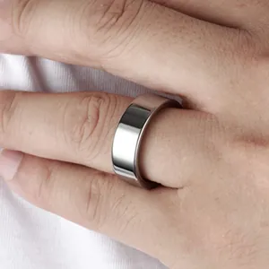 Macro shot of high-polished tungsten steel mirror-finish ring on a finger