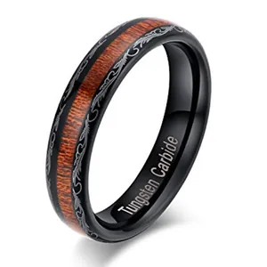 Bague en Carbure de Tungstène Vintage pour Hommes Avec Incrustation de Bois et Motif de Vigne Bijoux Bande Noire Cadeau