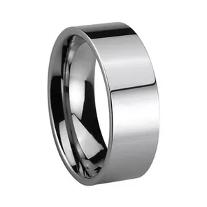 Polished silver tungsten steel flat ring with a mirror finish for men and women