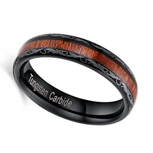 Bague en carbure de tungstène avec bois incrusté et motifs de vigne style rétro