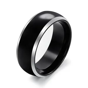Herren Wolframstahl Ring Schwarze Mitte Silberne Abgeschrägte Kante Poliertes Band Ring Trendiger Schmuck Fingerring Für Den Alltag