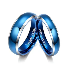 Bague Moderne en Carbure de Tungstène Pour Hommes Femmes Finition Bleue Bord Argent Poli Alliance Confort Bijoux de Mode