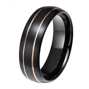 Anillo de tungsteno negro cepillado para hombre con dos ranuras de oro rosa y banda pulida