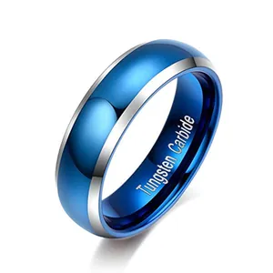 Bague en carbure de tungstène bleu avec insert en argent et finition miroir brillante