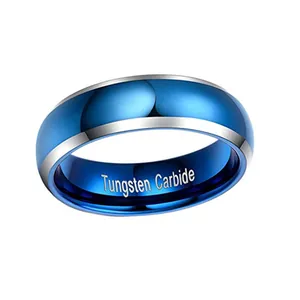 Bague en carbure de tungstène bleu poli avec bords argentés et gravure intérieure