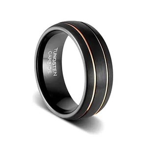 Anillo de carburo de tungsteno negro cepillado para hombre con franjas de oro rosa