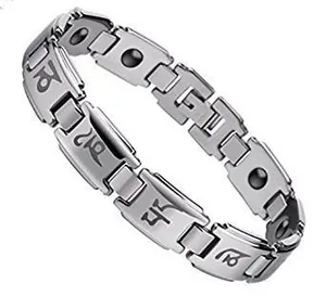 Detail of tungsten steel bracelet featuring engraved mantra and inner healing magnets
