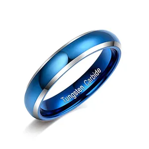 Bague en carbure de tungstène bleu avec bords argentés et finition polie intérieure