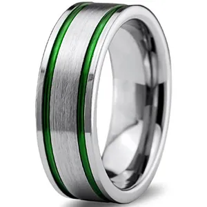 Brushed tungsten ring with double green grooves and comfortable fit for men