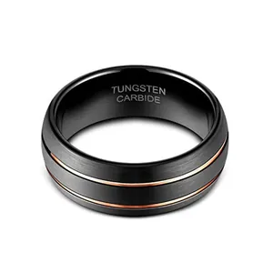 Anillo de hombre de carburo de tungsteno negro mate con ranuras dobles de oro rosa pulido
