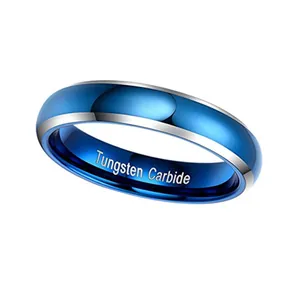 Bague en carbure de tungstène bleu avec bords argentés polis et profil bombé chic
