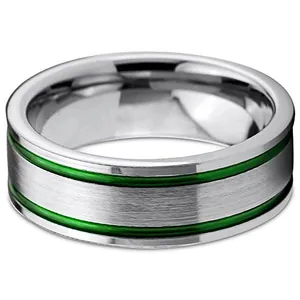 Polished tungsten steel ring for men with brushed silver finish and double green inlay grooves
