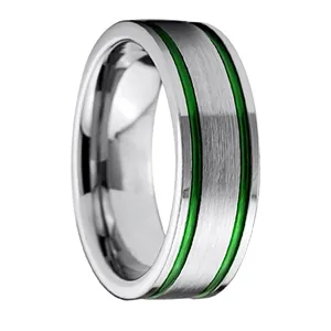 Brushed tungsten steel ring with double green inlay grooves on white background