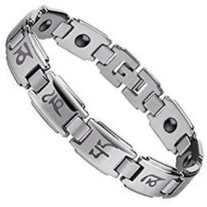 Men's silver tungsten steel magnetic bracelet featuring engraved mantra symbols