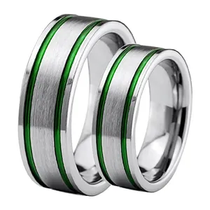 Minimalist Tungsten Steel Ring For Men Silver Brushed Band With Double Green Grooves Fashion Jewelry Wedding Party Gift
