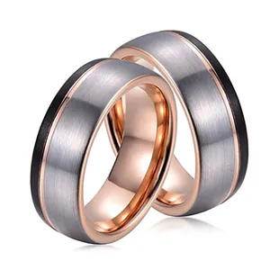 Moderne Dreifarbige Wolframstahl Ring Für Herren Damen Roségold Silber Schwarz Gebürstet Poliert Hochzeit Schmuck