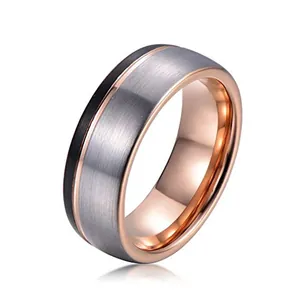 Dreifarbiger Wolframstahlring mit gebürstetem Silber, Schwarz und Roségold-Finish
